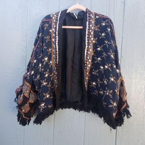 NWT Free People Rays Of Light Midnight Combo Open Front Fringe Jacket Boho